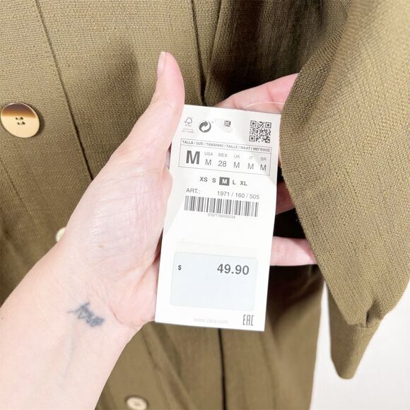 ZARA Khaki Pleated Dress with Buttons Size M‎ Green Long Sleeve Tunic Length NWT - Picture 7 of 15